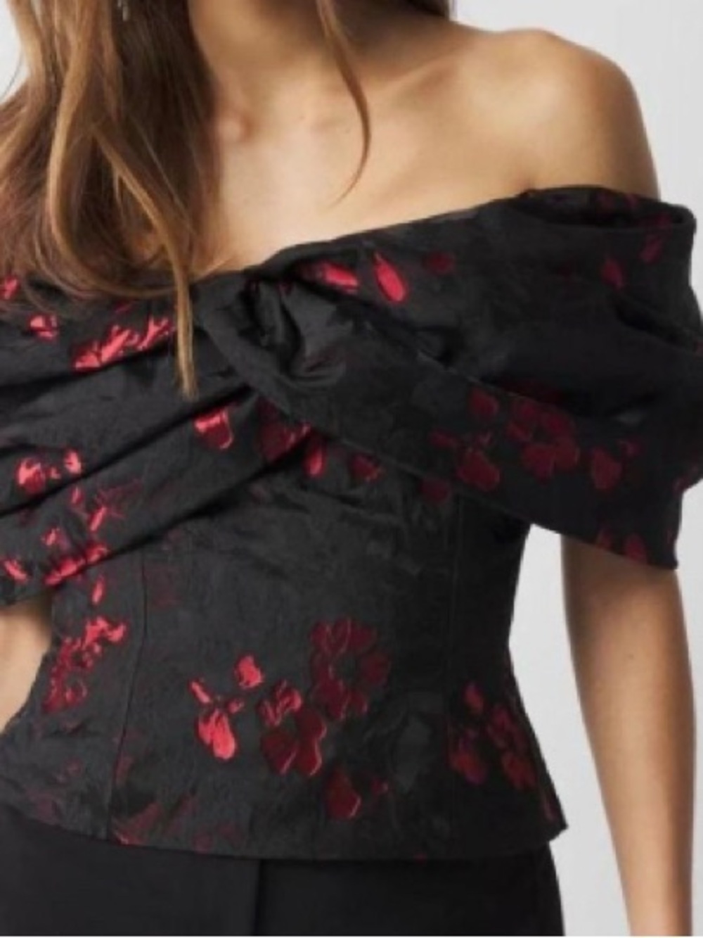 White House Black Market Black One-Shoulder Top with Red Floral Jacquard